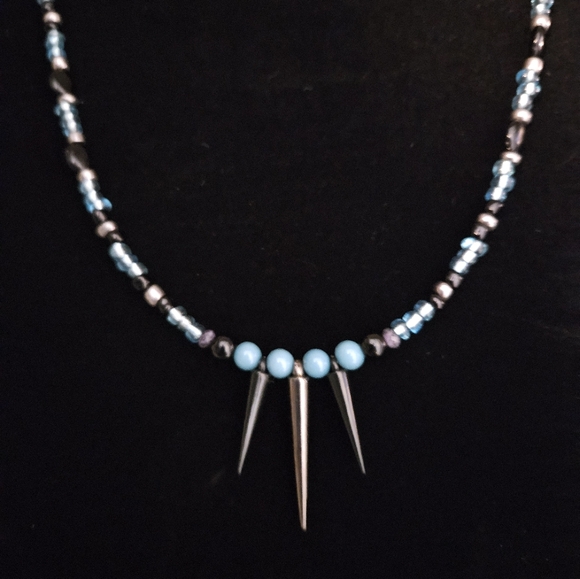Boho Aqua Marine & Black Spiked 30" Beaded Necklace - Picture 8 of 10